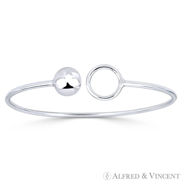 10mm Ball Bead & 13mm Circle Ring Open-Cuff Bangle .925 Sterling Silver Bracelet - Picture 1 of 1